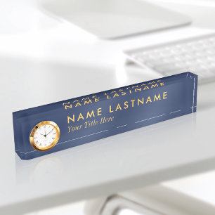 Custom Modern Navy Blue Yellow Name Plate Clock