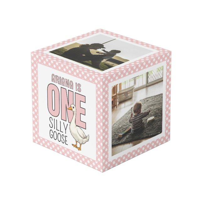 Custom Modern One Silly Goose 1st Birthday Photo Cube (Front Angled)