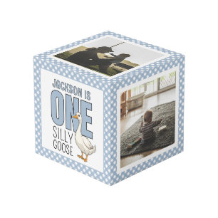 Custom Modern One Silly Goose 1st Birthday Photo Cube