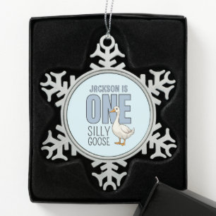 Custom Modern One Silly Goose First Birthday Snowflake Pewter Christmas Ornament
