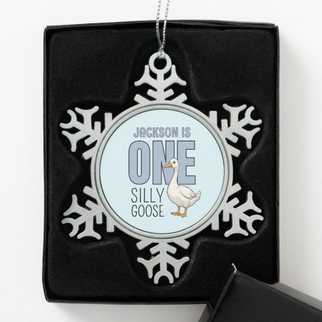Custom Modern One Silly Goose First Birthday Snowflake Pewter Christmas Ornament (Box)