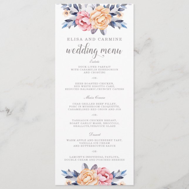 Custom Modern Peonies Floral Wedding Menu (Front)
