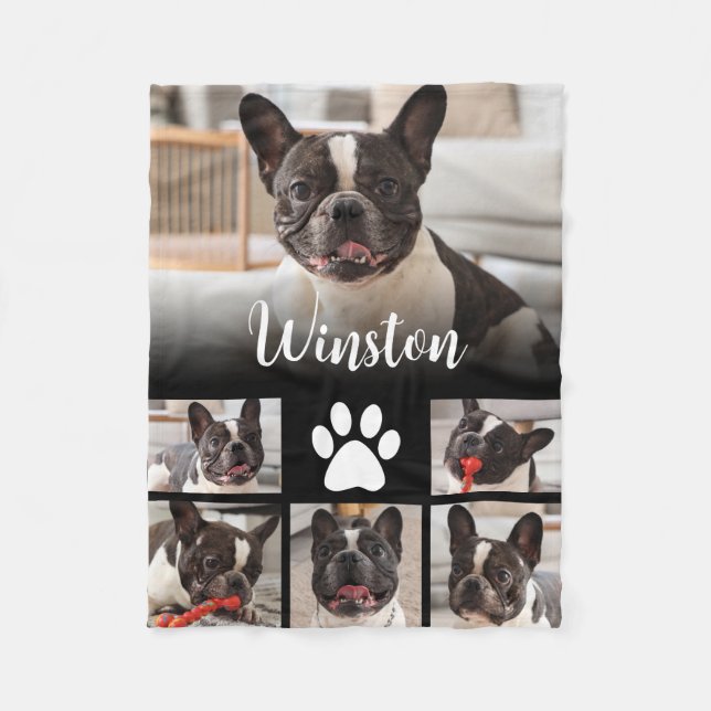 Custom Modern Pet Dog Name Photo Collage Fleece Blanket (Front)
