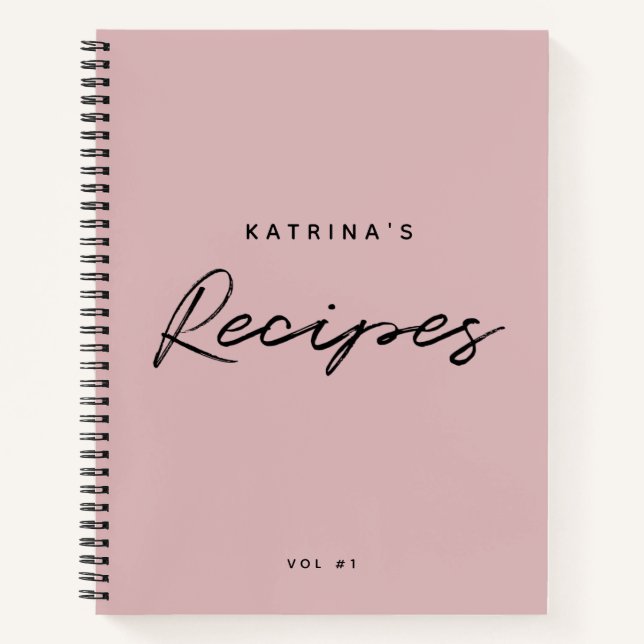 Custom Modern Pink Black Minimalist Script Recipe Notebook (Front)