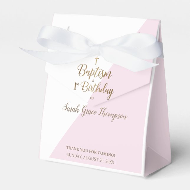 Custom Modern Pink Gold Cross Baptism 1st Birthday Favour Box (Front Side)