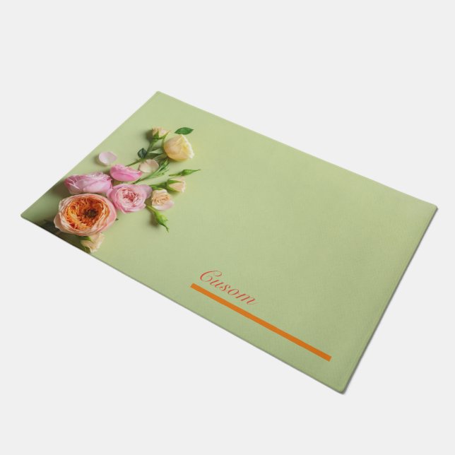 Custom Modern pink & green floral Doormat (Angled)