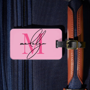 Custom Modern Pink Initial Name Monogram Luggage Tag