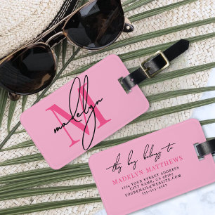 Custom Modern Pink Initial Name Monogram Luggage Tag