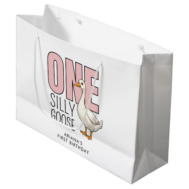 Custom Modern Pink One Silly Goose 1st Birthday Large Gift Bag (Front Angled)