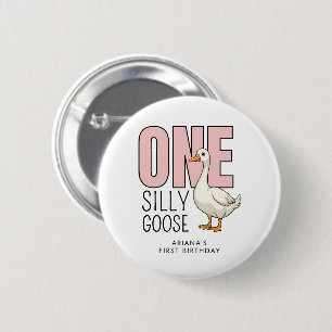 Custom Modern Pink One Silly Goose First Birthday 6 Cm Round Badge