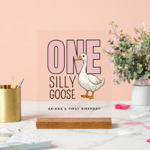 Custom Modern Pink One Silly Goose First Birthday Acrylic Sign
