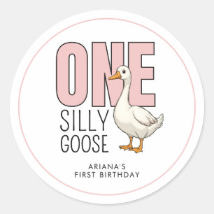 Custom Modern Pink One Silly Goose First Birthday Classic Round Sticker