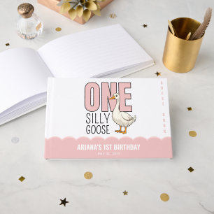 Custom Modern Pink One Silly Goose First Birthday Guest Book