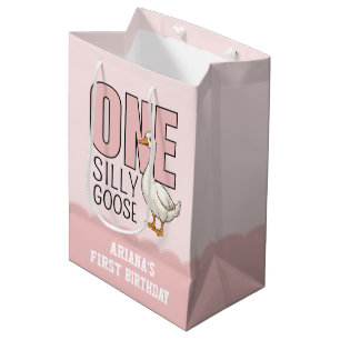 Custom Modern Pink One Silly Goose First Birthday Medium Gift Bag
