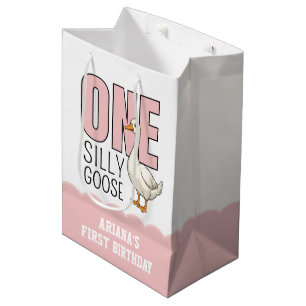 Custom Modern Pink One Silly Goose First Birthday Medium Gift Bag