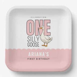 Custom Modern Pink One Silly Goose First Birthday Paper Plate