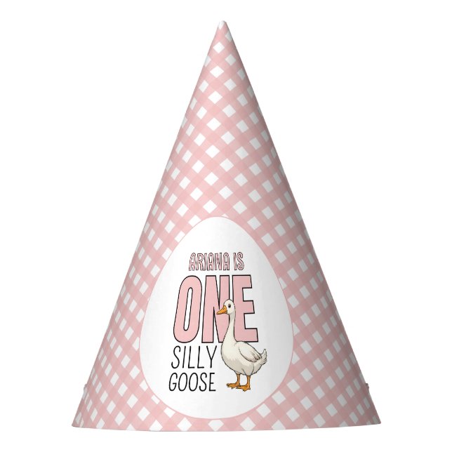 Custom Modern Pink One Silly Goose First Birthday Party Hat (Front)