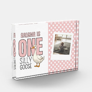 Custom Modern Pink One Silly Goose First Birthday Photo Block