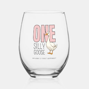 Custom Modern Pink One Silly Goose First Birthday Stemless Wine Glass