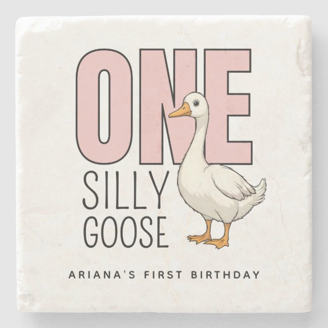Custom Modern Pink One Silly Goose First Birthday Stone Coaster (Front)