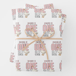 Custom Modern Pink One Silly Goose First Birthday Wrapping Paper Sheet