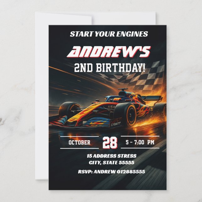 Custom Modern Race Car birthday party Invitation (Front)