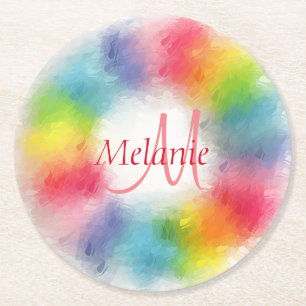 Custom Modern Rainbow Abstract Monogram Template Round Paper Coaster