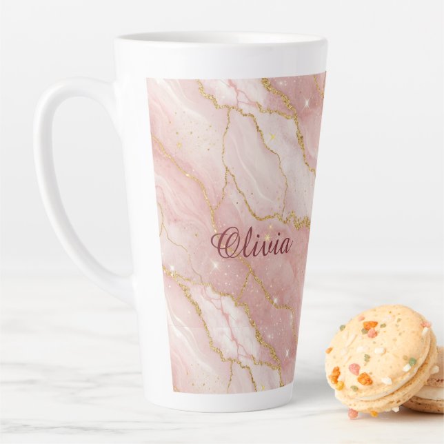 Custom Modern Rose Quartz Marble Gold Glitter Latte Mug (In Situ)
