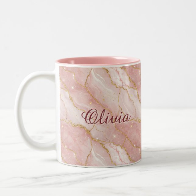 Custom Modern Rose Quartz Marble Gold Glitter Two-Tone Coffee Mug (Left)