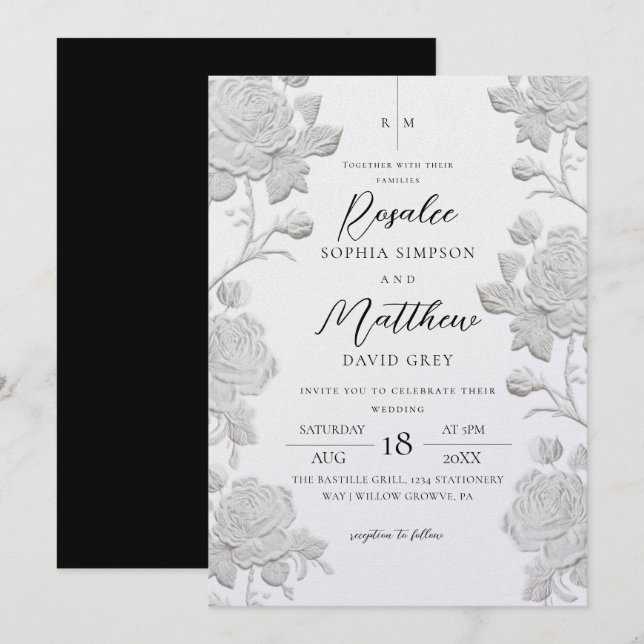 Custom Modern Rose White & Black Wedding Invitation (Front/Back)