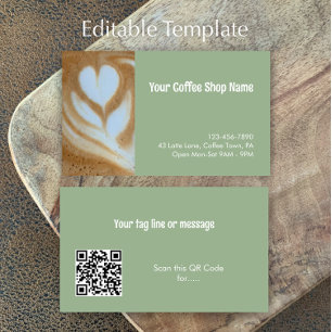 Custom Modern Sage Green Coffee Shop Photo QR Code Business Card