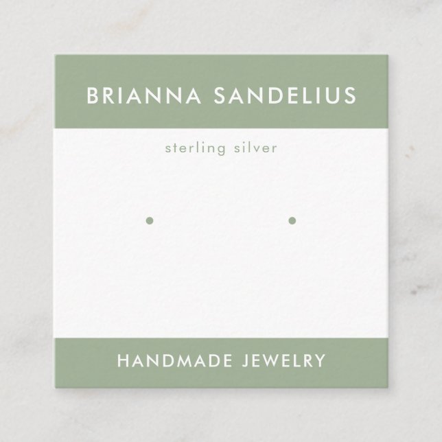 Custom Modern Sage Green Handmade Earring Display Square Business Card (Front)