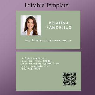 Custom Modern Sage Green QR Code Photo Template Business Card