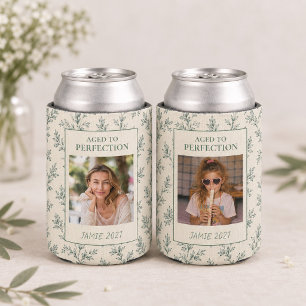 Custom Modern Sage Toile Photo Milestone Birthday  Can Cooler