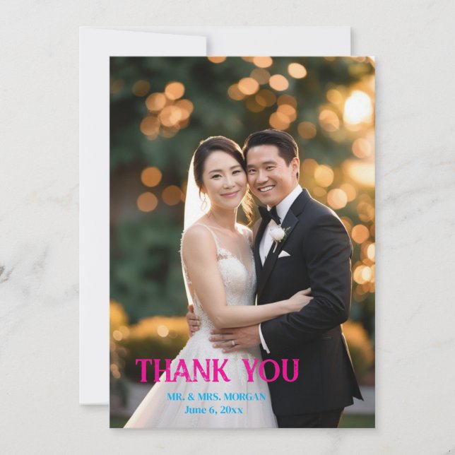 Custom Modern Script Simple Photo Wedding Thank You Card (Front)