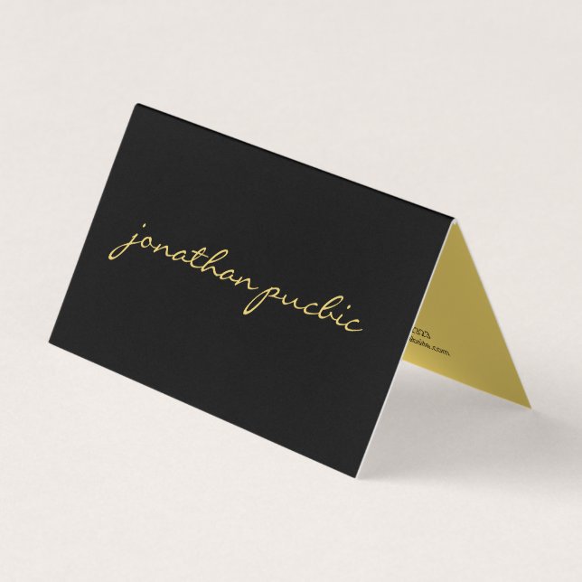 Custom Modern Simple Elegant Black And Gold Folded Business Card (Front)