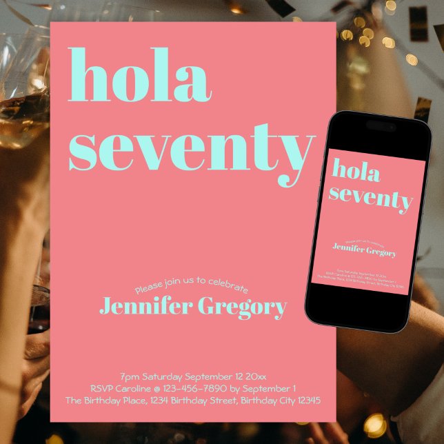 Custom Modern Spanish Hola Seventy 70th birthday  Invitation (Creator Uploaded)