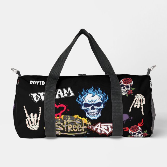 Custom modern spooky streetart pattern Black Duffle Bag (Front)