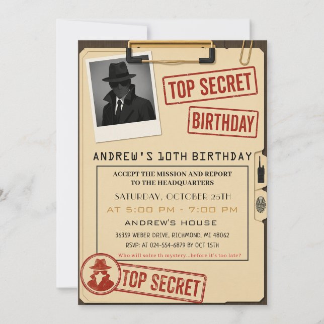 Custom Modern Spy Birthday Party Invitation (Front)