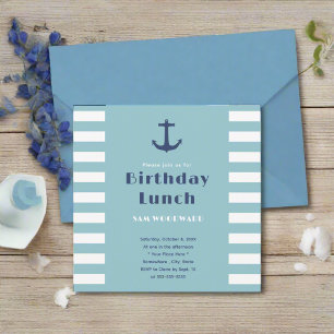 Custom Modern Stripe Nautical Birthday Lunch Blue  Invitation