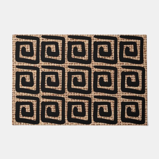 Custom Modern style black greek key pattern burlap Doormat (Front)