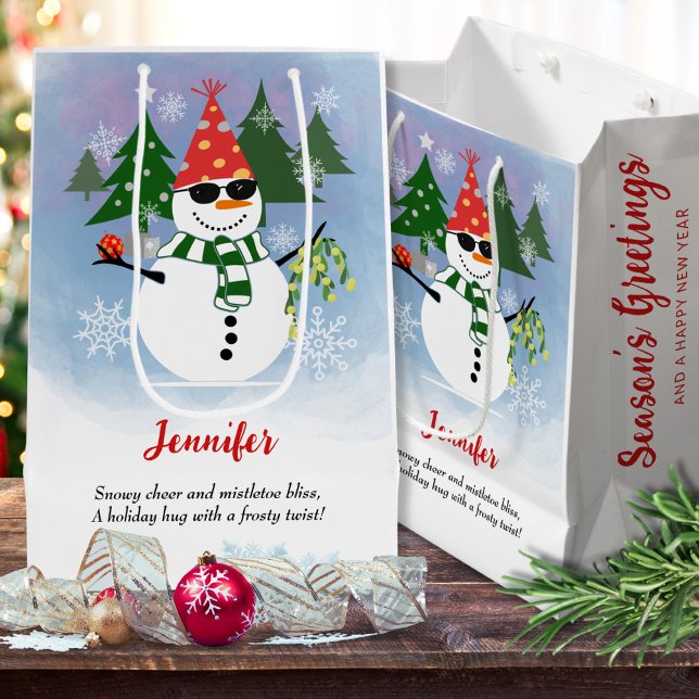 Custom Modern Stylish Snowman Snowflakes Christmas Medium Gift Bag (Creator Uploaded)