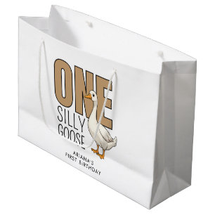 Custom Modern Taupe One Silly Goose First Birthday Large Gift Bag