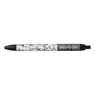 Custom Modern Teal Grey Brown Black Terrazzo Art Black Ink Pen