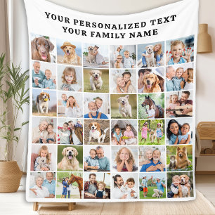 Custom Modern Trendy Family 36 Photo Collage Fleece Blanket