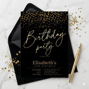 Custom Modern Trendy Gold and Black Birthday Party Invitation
