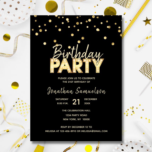Custom Modern Trendy Gold Black BIRTHDAY PARTY Invitation (Creator Uploaded)