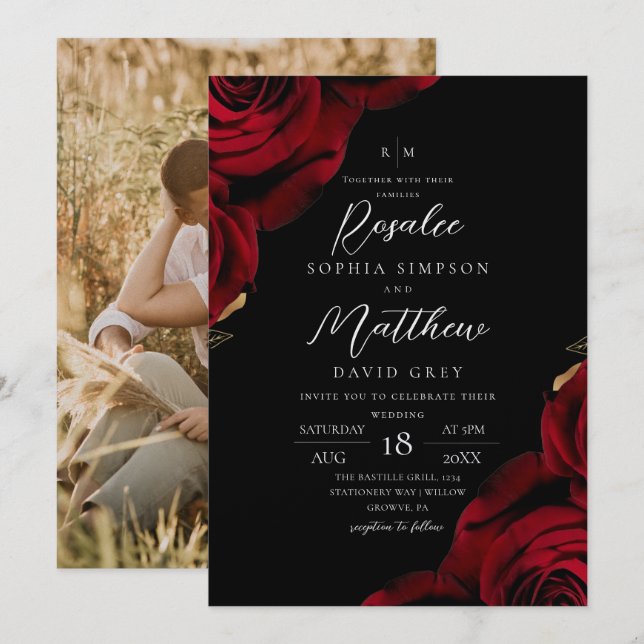 Custom Modern Trendy Red Rose Wedding Invitation (Front/Back)