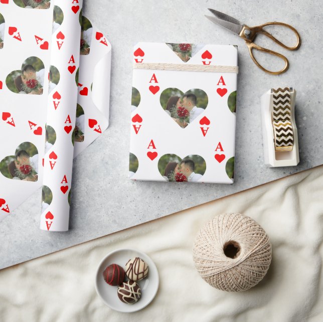 Custom modern unique poker heart photo monogram wrapping paper (Crafts)