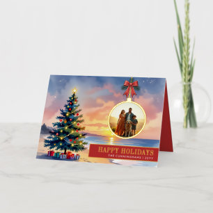 Custom Modern Watercolor Beach Christmas Ornament Foil Holiday Card